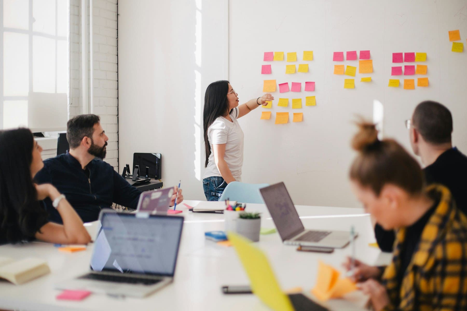 A team planning around a board